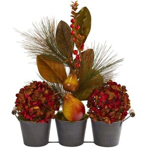 Nearly Natural 17In. Fall Hydrangea, Pears, & Magnolia Leaf Artificial Arrangement In Trio Metal Vase Red ns