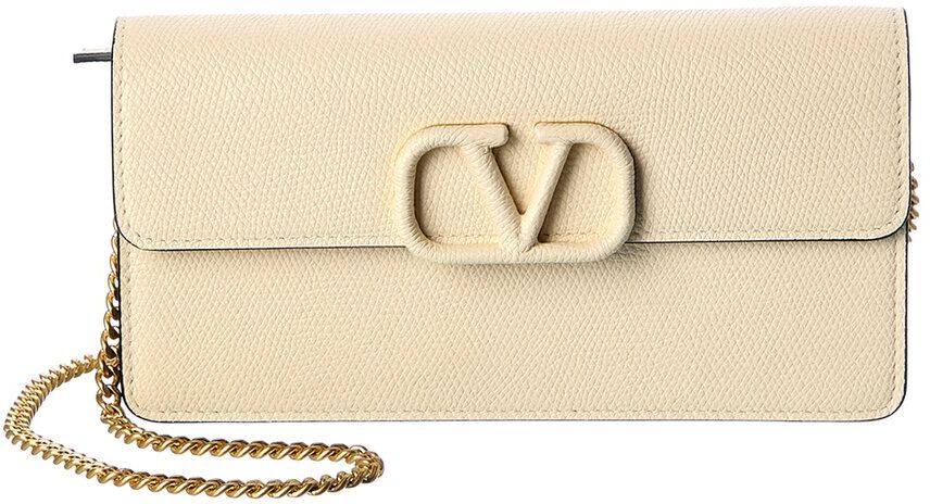 Valentino VSLING Grainy Leather Wallet on Chain White NoSize