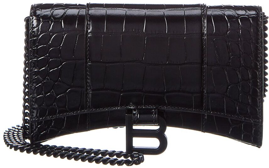 Balenciaga Hourglass Croc-Embossed Leather Wallet On Chain Black NoSize