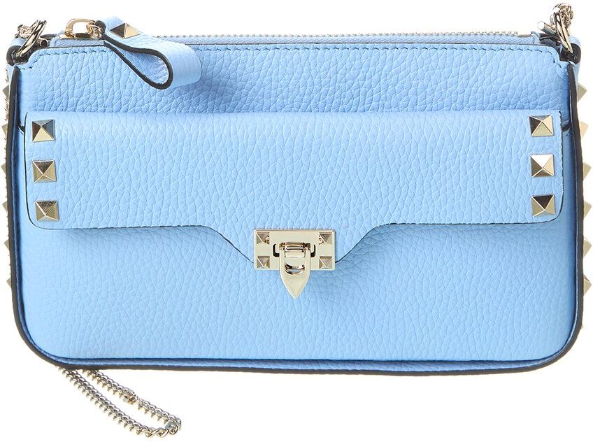 Valentino Rockstud Grainy Leather Wallet On Chain Blue NoSize