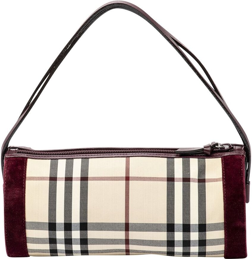 Burberry Beige & Burgundy Canvas Small Check Plaid Bauletto Bag (Authentic Pre-Owned) NoColor NoSize