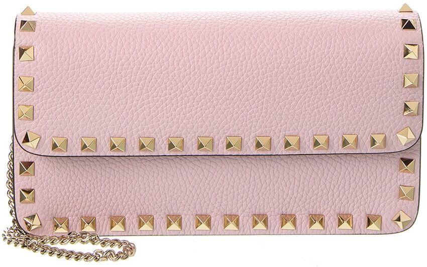 Valentino Rockstud Grainy Leather Wallet On Chain Purple NoSize