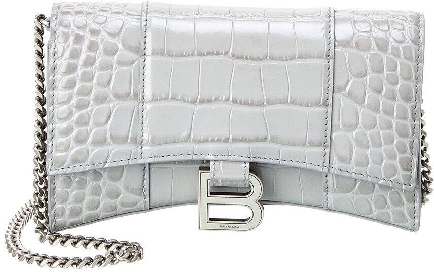 Balenciaga Hourglass Croc-Embossed Leather Wallet On Chain Grey NoSize