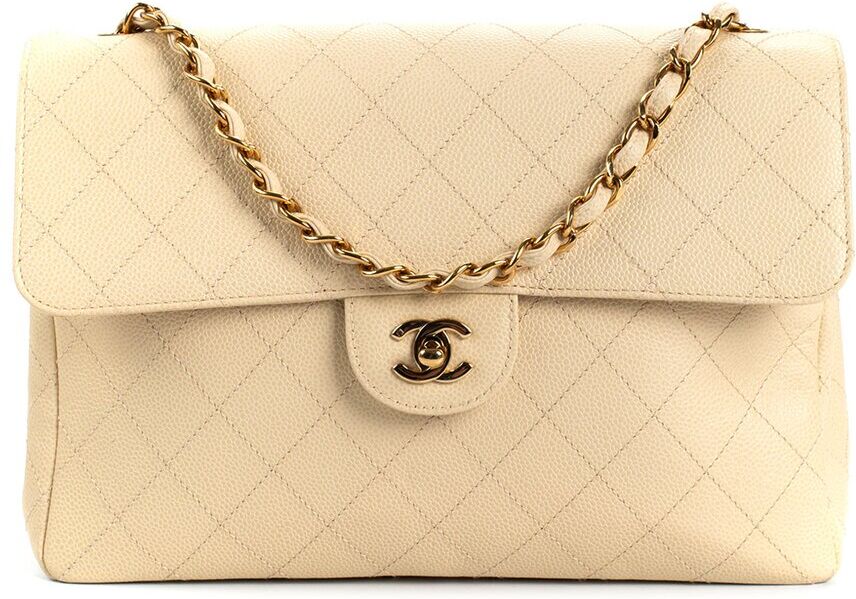 Chanel White Quilted Caviar Leather Jumbo Single Flap Bag (Authentic Pre-Owned) NoColor NoSize