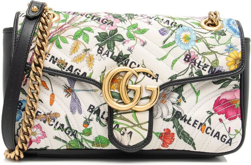 Gucci Black & Multicolor & White GG Canvas & Leather Flora GG Marmont The Hacker Project Small Flap Shoulder Bag (Authentic Pre- NoColor NoSize