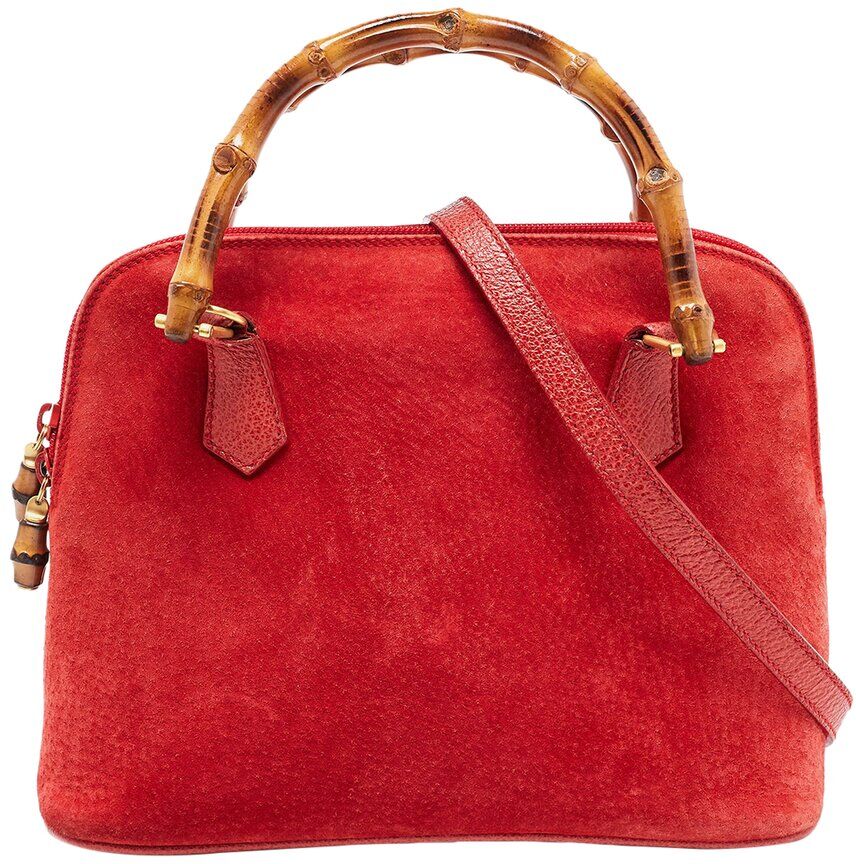 Gucci Red Leather & Suede Bamboo Handle Satchel (Authentic Pre-Owned) NoColor NoSize