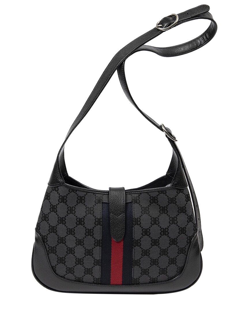 Balenciaga Limited Edition Black BB Monogram Canvas x Gucci Hacker Project Web Jackie Hobo Bag NM (Authentic Pre-Owned) NoColor NoSize