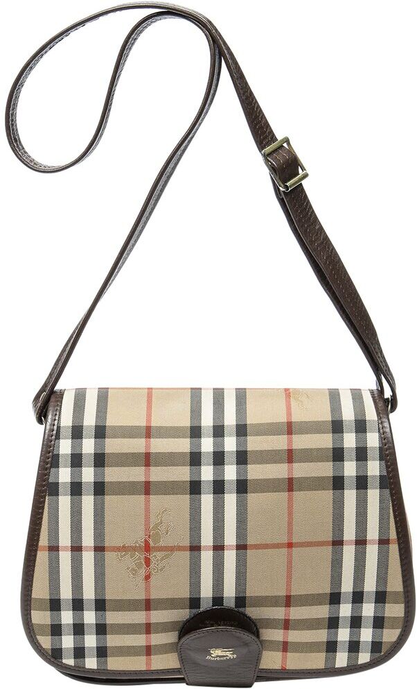 Burberry Beige & Brown Haymarket Check Canvas Halfmoon Flap Bag Crossbody (Authentic Pre-Owned) NoColor NoSize