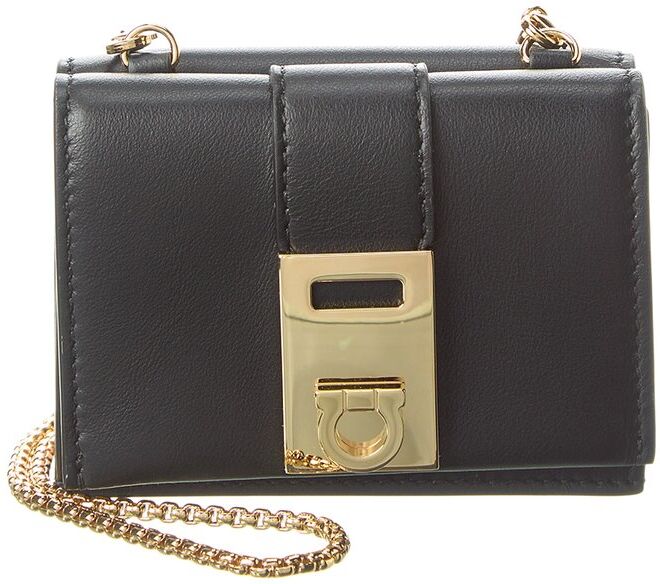 Ferragamo Hug Leather French Wallet On Chain Black NoSize