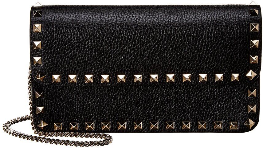 Valentino Rockstud Grainy Leather Wallet On Chain Black NoSize