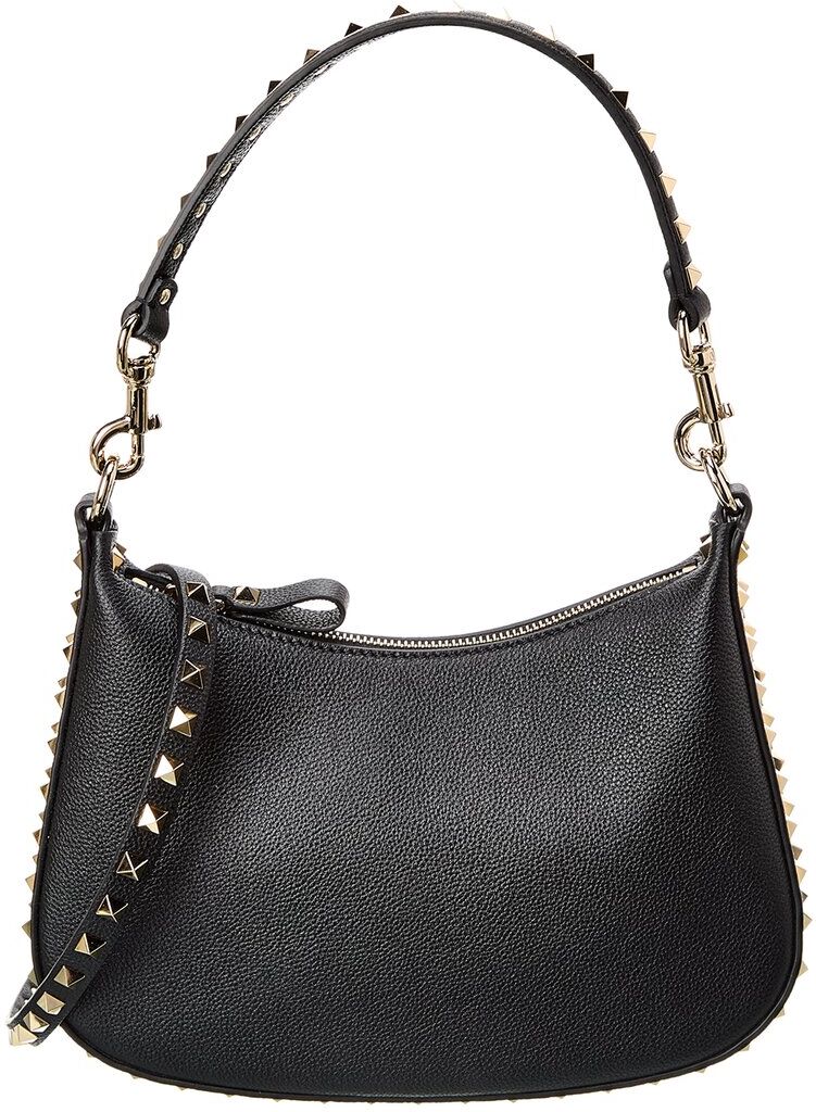 Valentino Rockstud Small Grainy Leather Hobo Bag Black NoSize