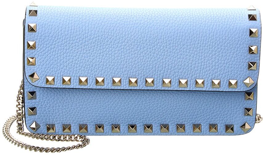 Valentino Rockstud Grainy Leather Wallet On Chain Blue NoSize