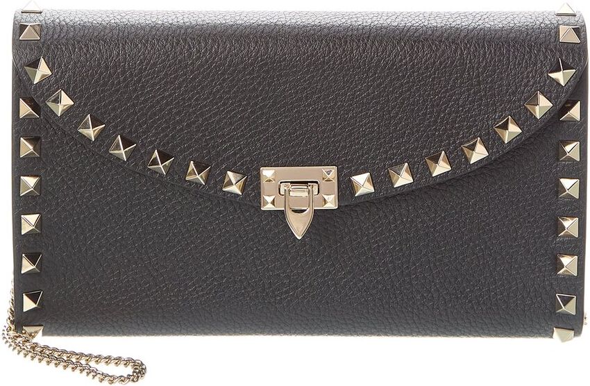 Valentino Rockstud Grainy Leather Wallet On Chain Black NoSize