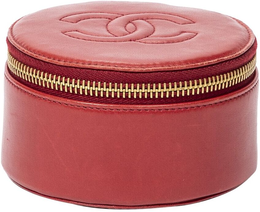 Chanel Red Quilted Lambskin Leather CC Round Jewelry Case (Authentic Pre- Owned) NoColor NoSize