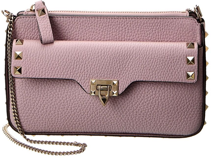 Valentino Rockstud Grainy Leather Wallet On Chain Purple NoSize