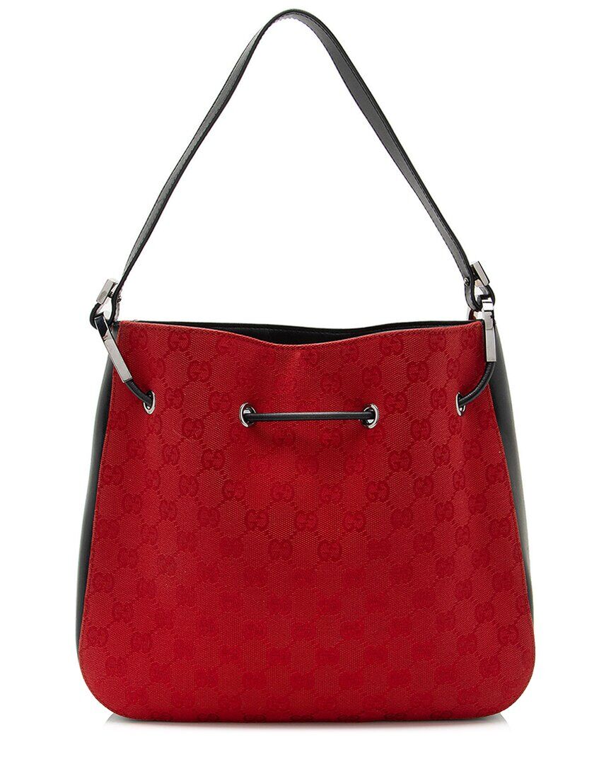 Gucci Black & Red GG Canvas & Leather Drawstring Shoulder Bag (Authentic Pre-Owned) NoColor NoSize