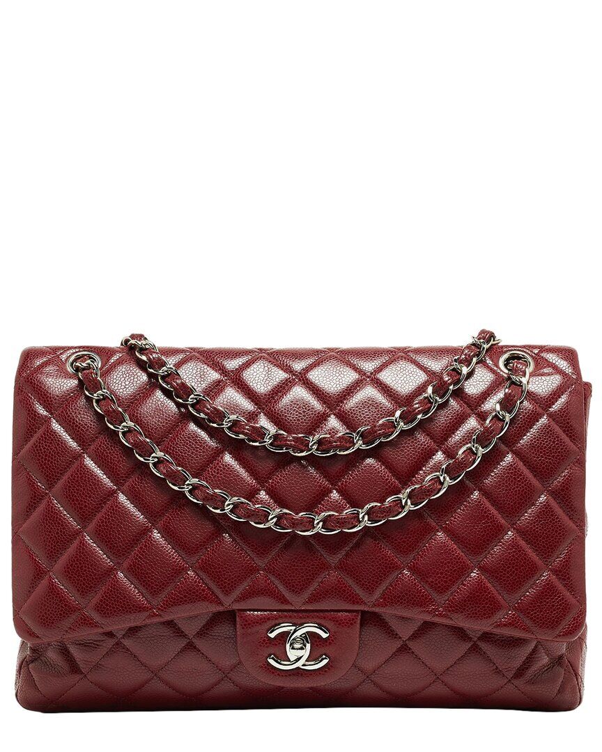 Chanel Burgundy Quilted Caviar Leather Maxi Classic Single Double Flap Bag (Authentic Pre-Owned) NoColor NoSize