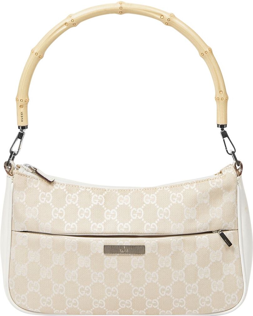 Gucci Beige GG Canvas & White Leather GG Bamboo Shoulder Bag (Authentic Pre- Owned) NoColor NoSize