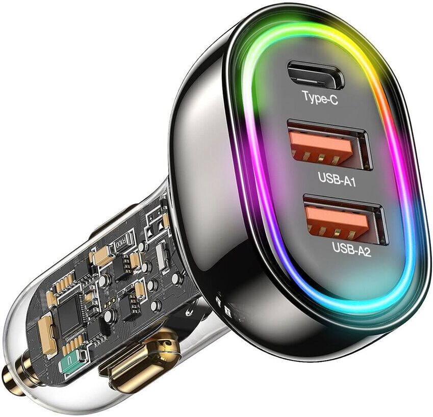 Fresh Fab Finds 3-Port Fast Charge Car Charger with Colorful Light Black NoSize