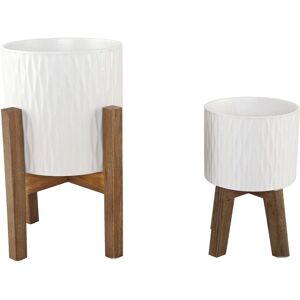 Flora Bunda Set of 2 Ridged Ceramic Planters on Wood Stands White NoSize