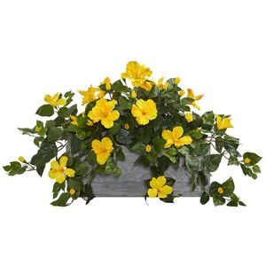 Nearly Natural Hibiscus Artificial Plant in Stone Planter Yellow NoSize