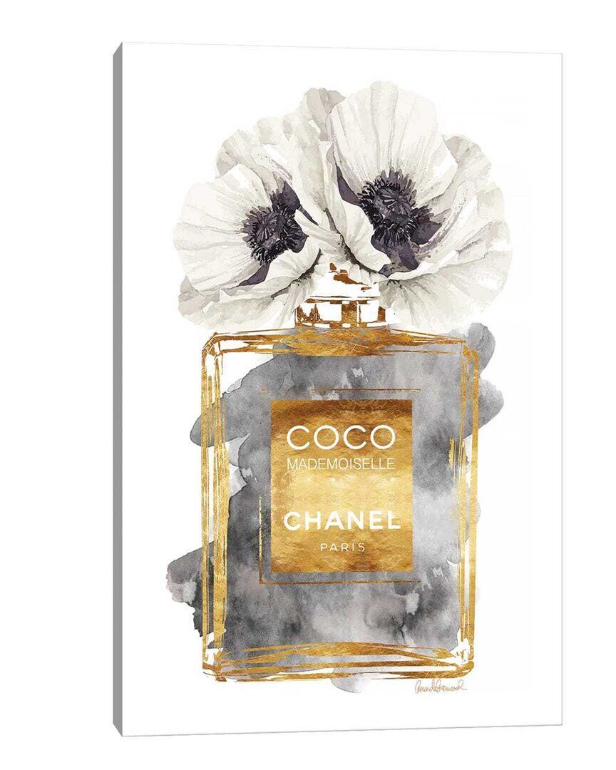 iCanvas Perfume Bottle, Dark Gold With Dark Grey & White Poppy by Amanda Greenwood Wall Art NoColor 40x26