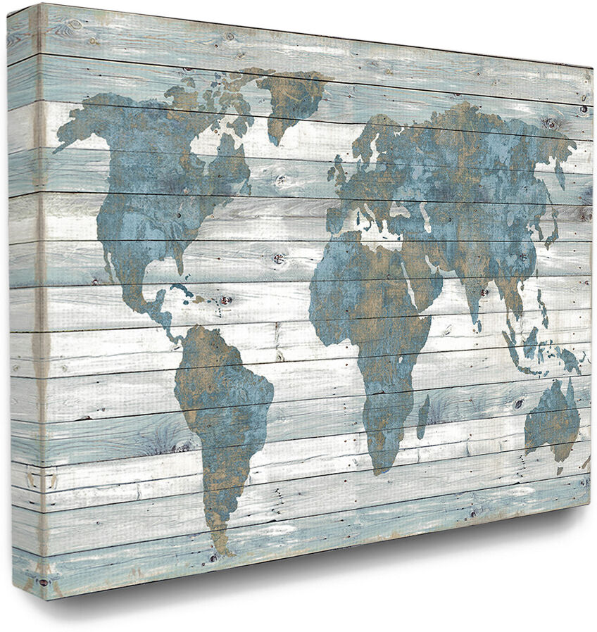 Stupell The Stupell Home Decor Collection Slate Blue and Tan Rustic Planked Look Weathered World Map NoColor 24" x 30"