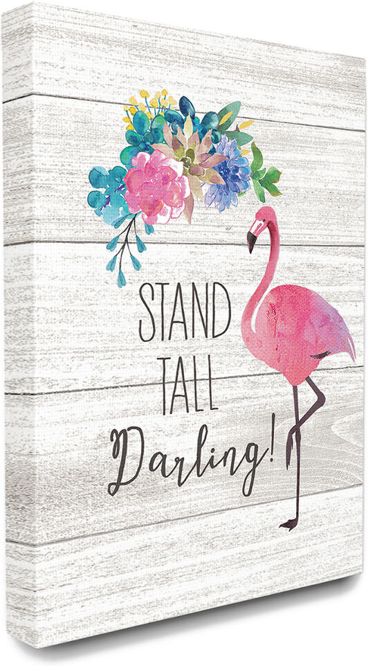 Stupell Stand Tall Darling Flamingo Floral Watercolor on White Planks NoColor 16" x 20"