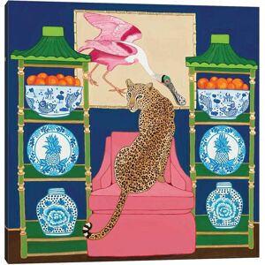 iCanvas Chinoiserie Leopard In The Living Room With Blue And White Ginger Jar And Roseate Spoonbill by Green Orchid Boutique Wall Art NoColor 37 x 37 in