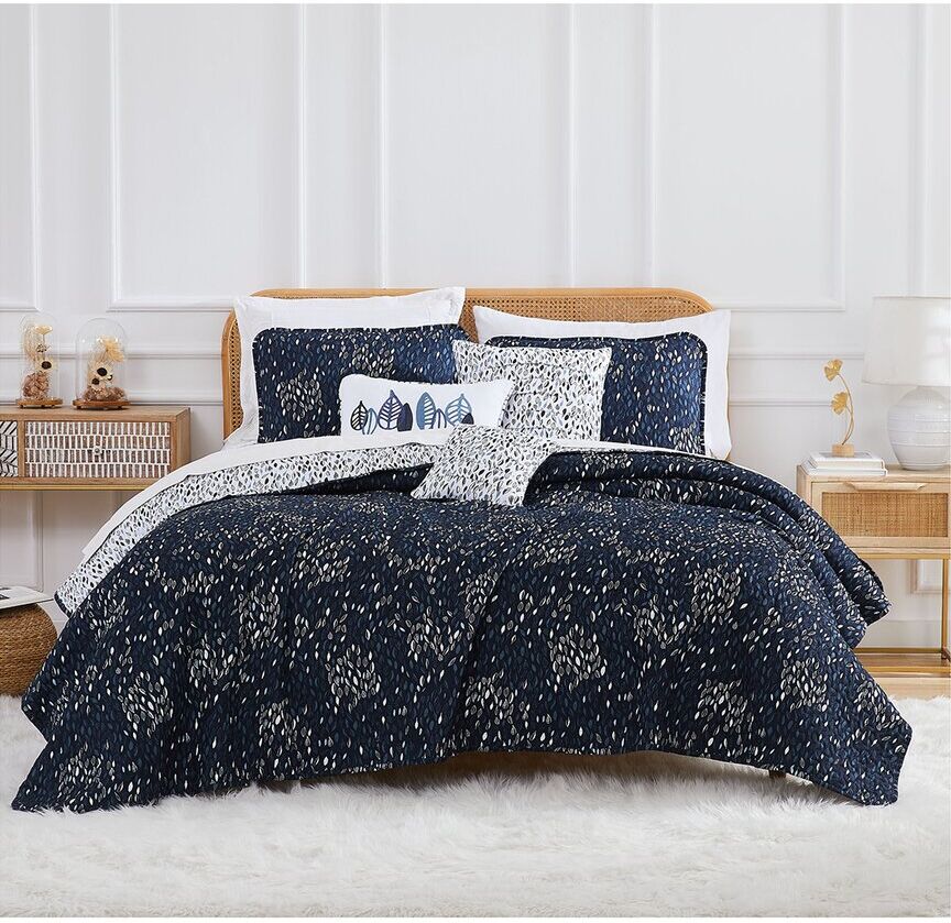 Southshore Fine Linens Botanical Leaves Quilt Bedding Set Blue Full / Queen