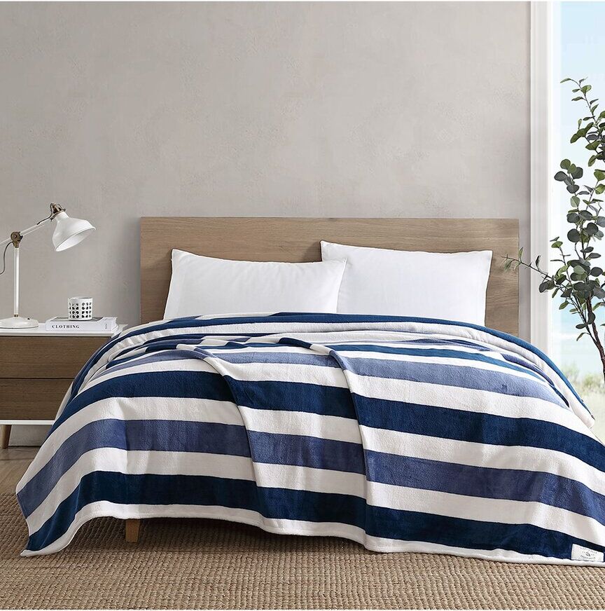 Nautica Awning Stripe Ultra Soft Plush Fleece-Blanket Blue Full/Queen