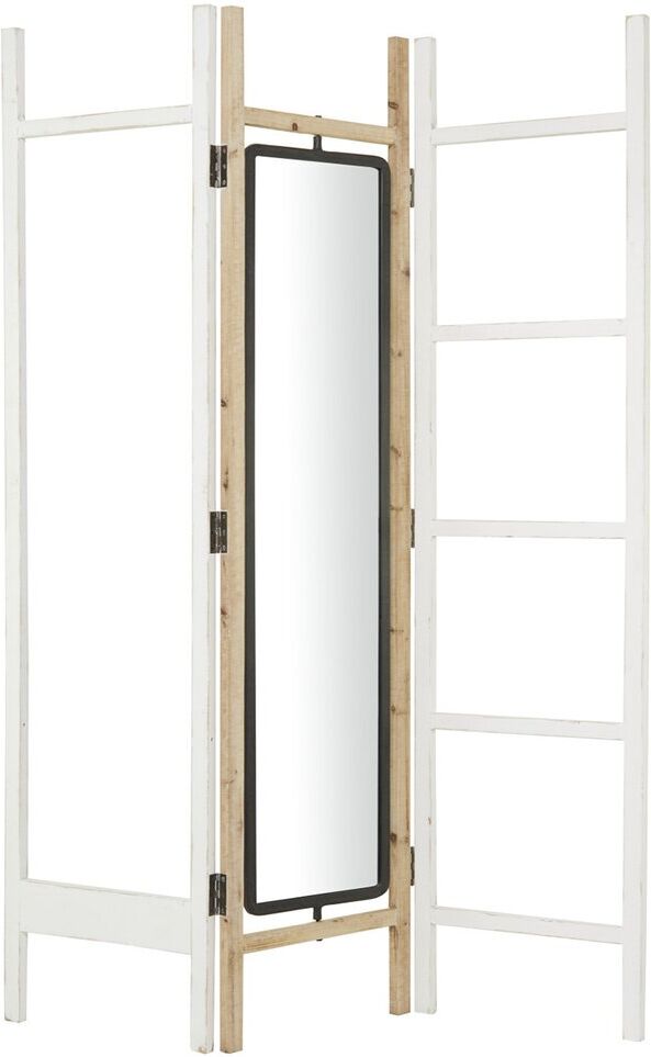 The Novogratz White Wood Hinged Foldable Partition 3 Panel Room Divider Screen with Mirror and Ladder Frame White NoSize