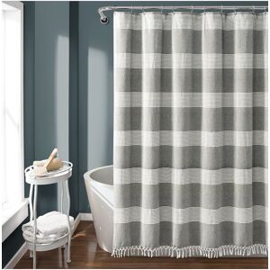 Lush Dcor Lush Decor Fashion Tucker Stripe Yarn Dyed Cotton Knotted Tassel Shower Curtain Gray 72" x 72"