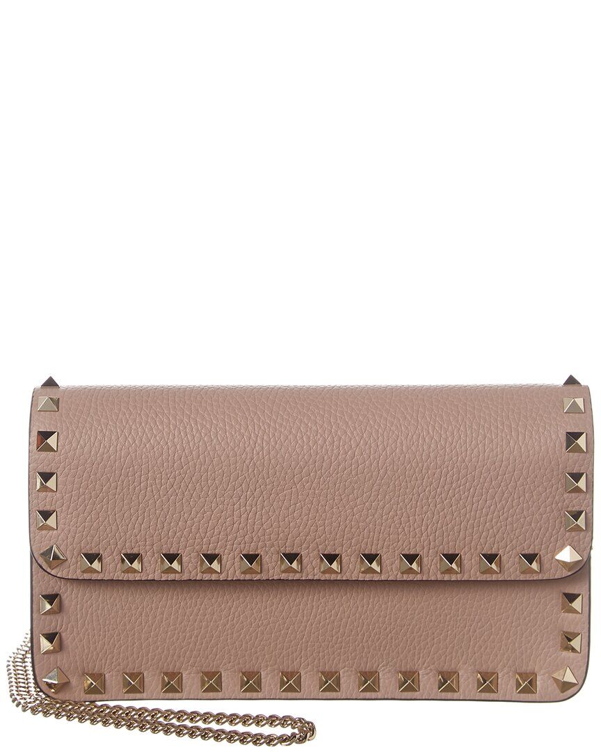 Valentino Rockstud Grainy Leather Wallet On Chain Pink os