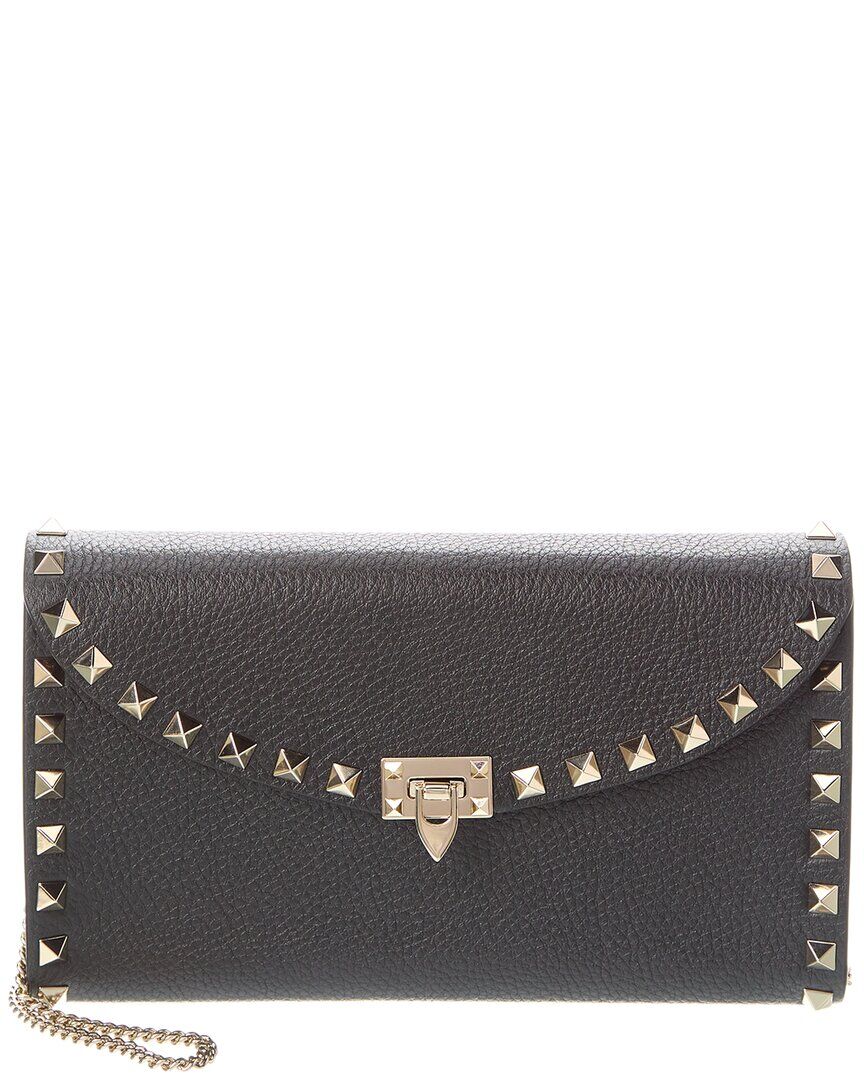 Valentino Rockstud Grainy Leather Wallet On Chain Black NoSize