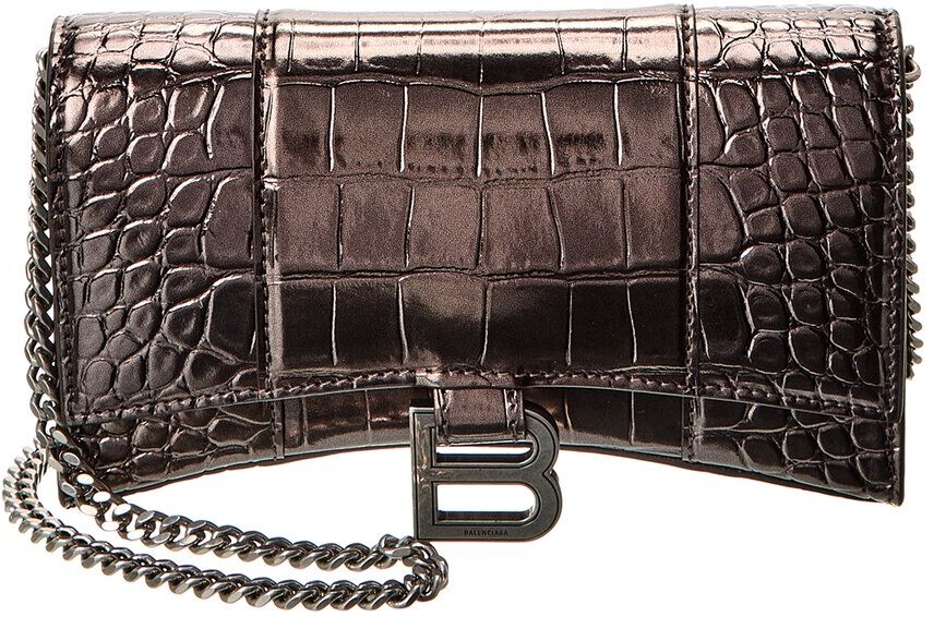 Balenciaga Hourglass Croc-Embossed Leather Wallet On Chain Gold os