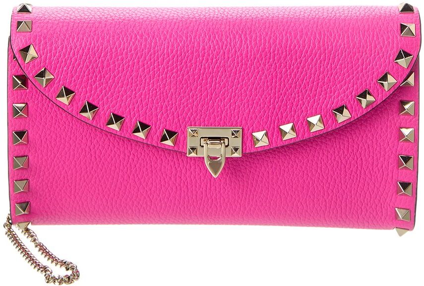 Valentino Rockstud Grainy Leather Wallet On Chain Pink NoSize