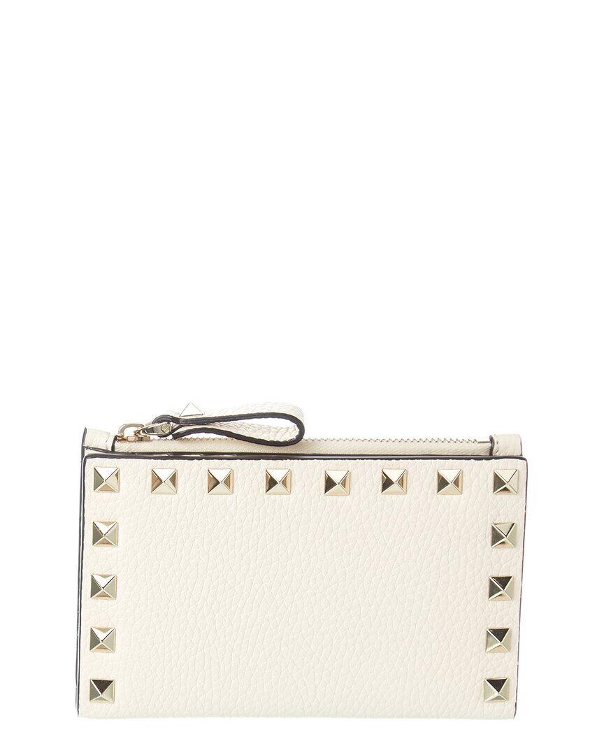 Valentino Rockstud Grainy Leather Coin Purse & Card Holder White os