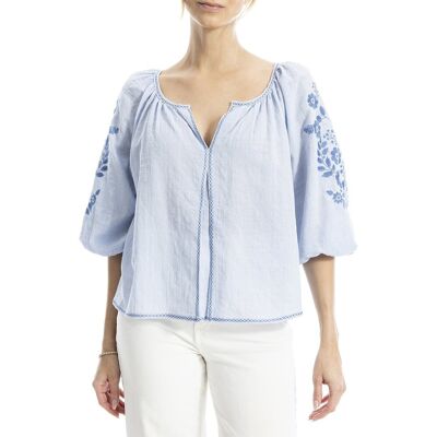 Max Studio Embroidered V-Neck Ballon Sleeve Blouse Blue xs Max Studio Embroidered V-Neck Ballon Sleeve Blouse Blue xs