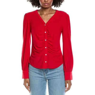 CeCe V-Neck Button Down Shirred Blouse Red xs CeCe V-Neck Button Down Shirred Blouse Red xs