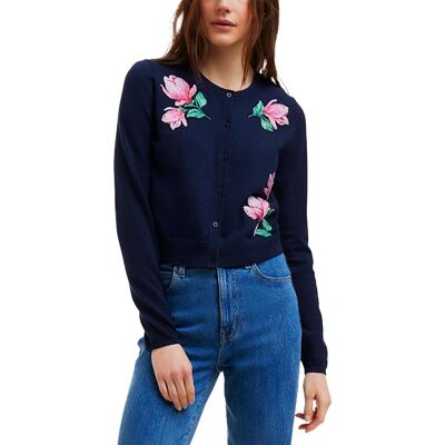 Draper James Embroidered Crewneck Wool-Blend Cardigan NoColor m Draper James Embroidered Crewneck Wool-Blend Cardigan NoColor m