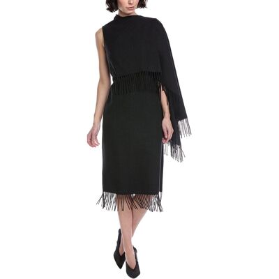Oscar de la Renta Fringed Cape Wool Midi Dress Grey 14 Oscar de la Renta Fringed Cape Wool Midi Dress Grey 14