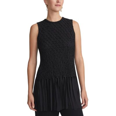 Lafayette 148 New York Hand-Smocked Lattice Fringe Silk Blouse Black l Lafayette 148 New York Hand-Smocked Lattice Fringe Silk Blouse Black l