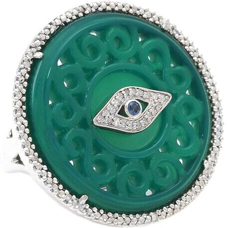 Gemstones Silver 0.11 ct. tw. Diamond & Green Agate Evil Eye Ring NoColor NoSize