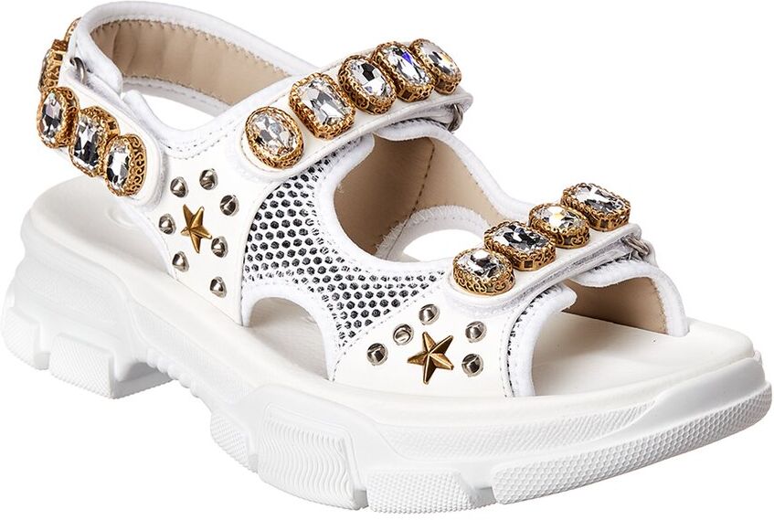 Gucci Embellished Leather & Mesh Sandal White 37