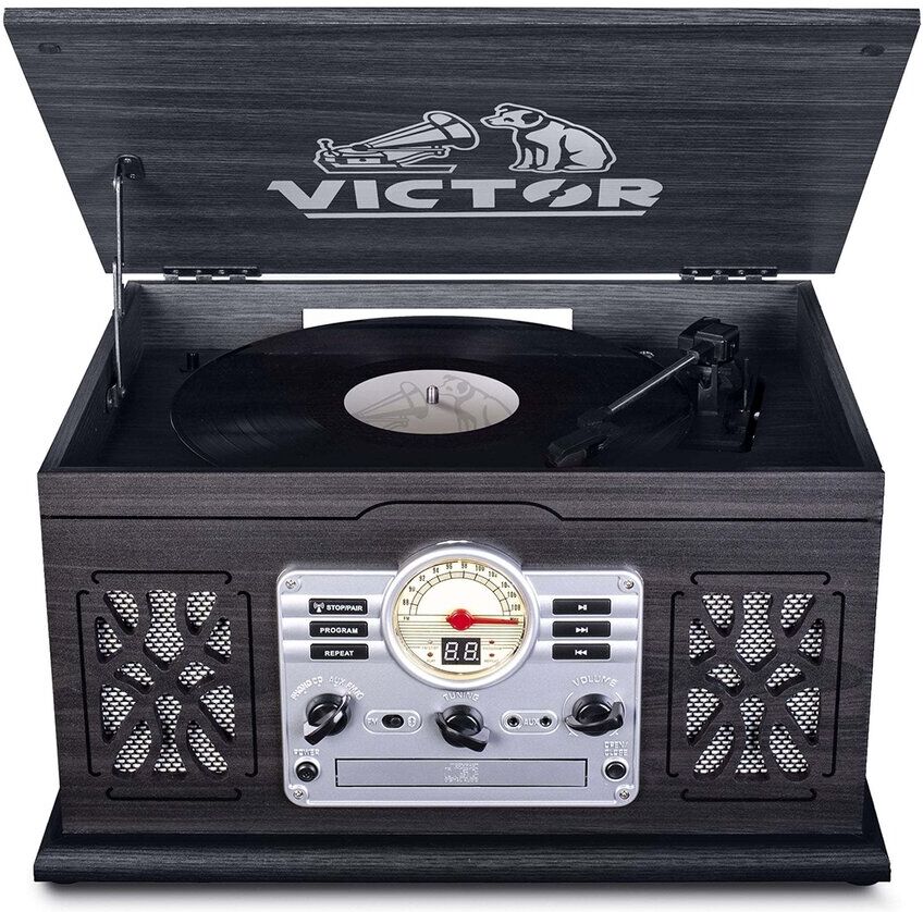 Victor Audio Victor Graphite State 7-In-1 Wood Music Center With Turntable And Bluetooth Grey NoSize