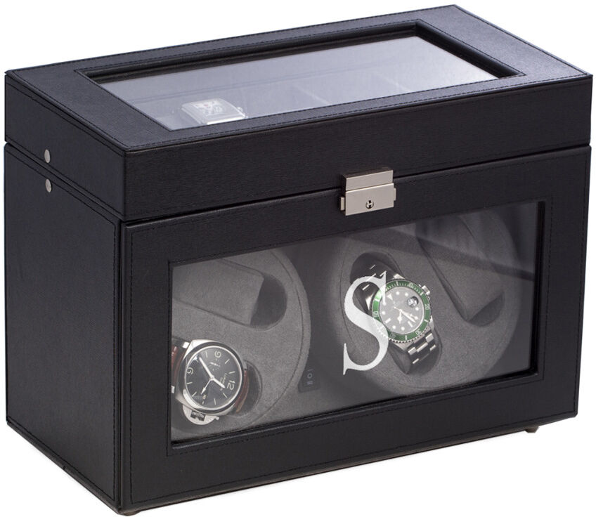 Bey-Berk Black Leather 4-Watch Winder & 5-Watch Storage Case NoColor h