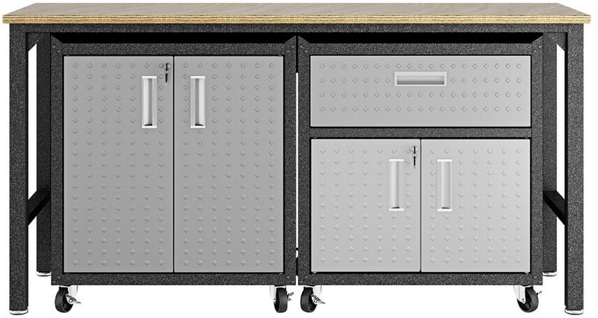 Manhattan Comfort 3pc Fortress 2.0 Mobile Space-Saving Garage Cabinet & Worktable Set NoColor NoSize