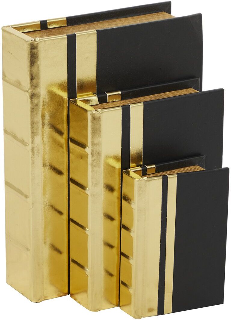 CosmoLiving by Cosmopolitan Set Of 3 Gold Faux Leather Faux Storage Book Box With Black Cover And Striped Spine Gold NoSize