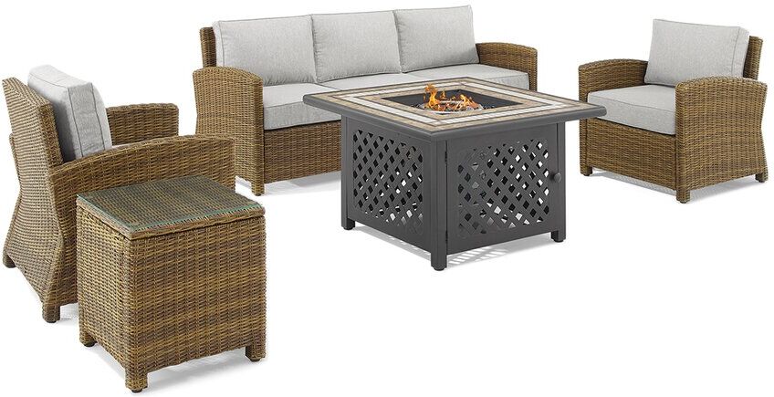 Crosley Furniture Bradenton 5Pc Outdoor Wicker Sofa Set W/Fire Table- Sofa, Side Table, Tucson Fire Table, & 2 Armchairs Gray NoSize